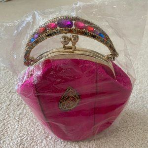 - NEW Pretty pink evening party clutch hand bag unused colorful stones handle